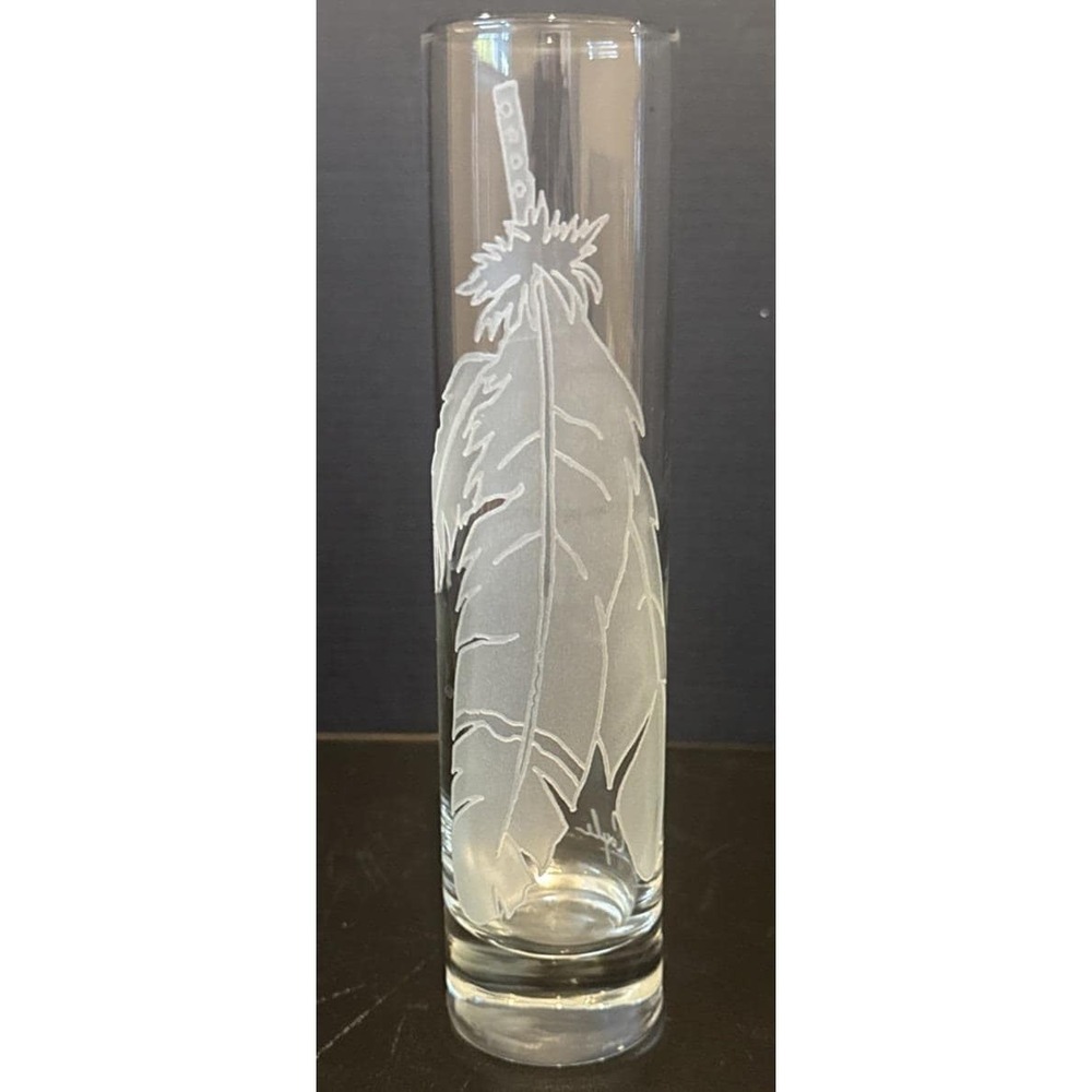 Evergreen Crystal Glass Bud Vase Feather Etched Lorraine Coyle Signed 7.5" Tall
